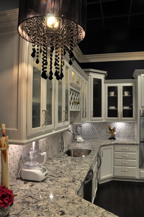 Cambria Praa Sands with White Carrara Marble Mosaic, White Cabinets, Oak Hampton Wood Plank Floor Tile and Black Crystal Kitchen Chandelier